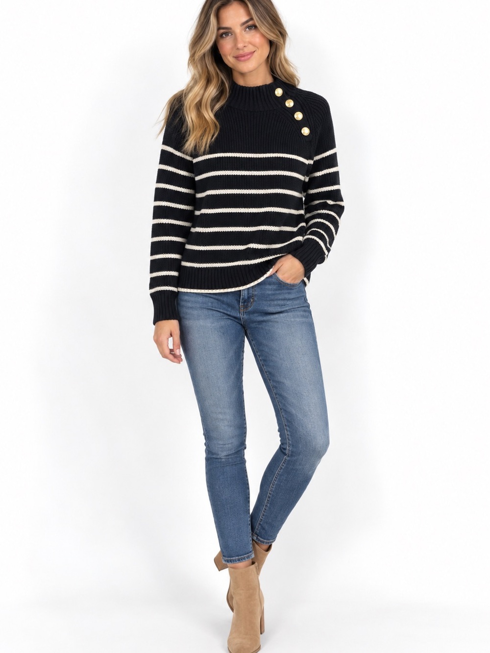 J. Crew Factory Black & White Striped Crewneck Sweater with Gold Buttons